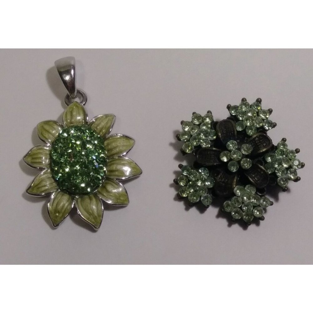 Sunflower Pendant Green Enamel & Green Flowers Rhinestone Metal Brooch Pin